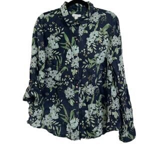 Charter Club Womens Floral 100% linen Button Down Shirt Large Blue Long Sleeve